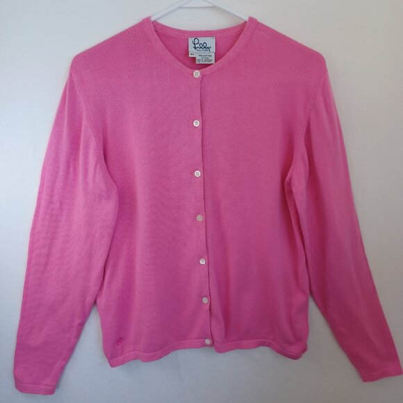Lilly Pulitzer Cardigan Pink Button Front Classic Embroidered Palm Tree Size Med - Picture 9 of 10